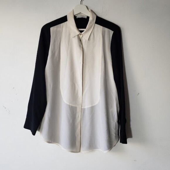 Sandro Paris Black and White Contrast Button Down 100% Silk Top - Picture 3 of 7